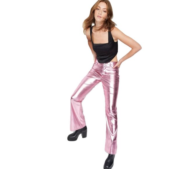 Wild Fable Metallic Pink High Rise Faux Leather Flare Leg Pants -- Size 2 - Picture 1 of 7